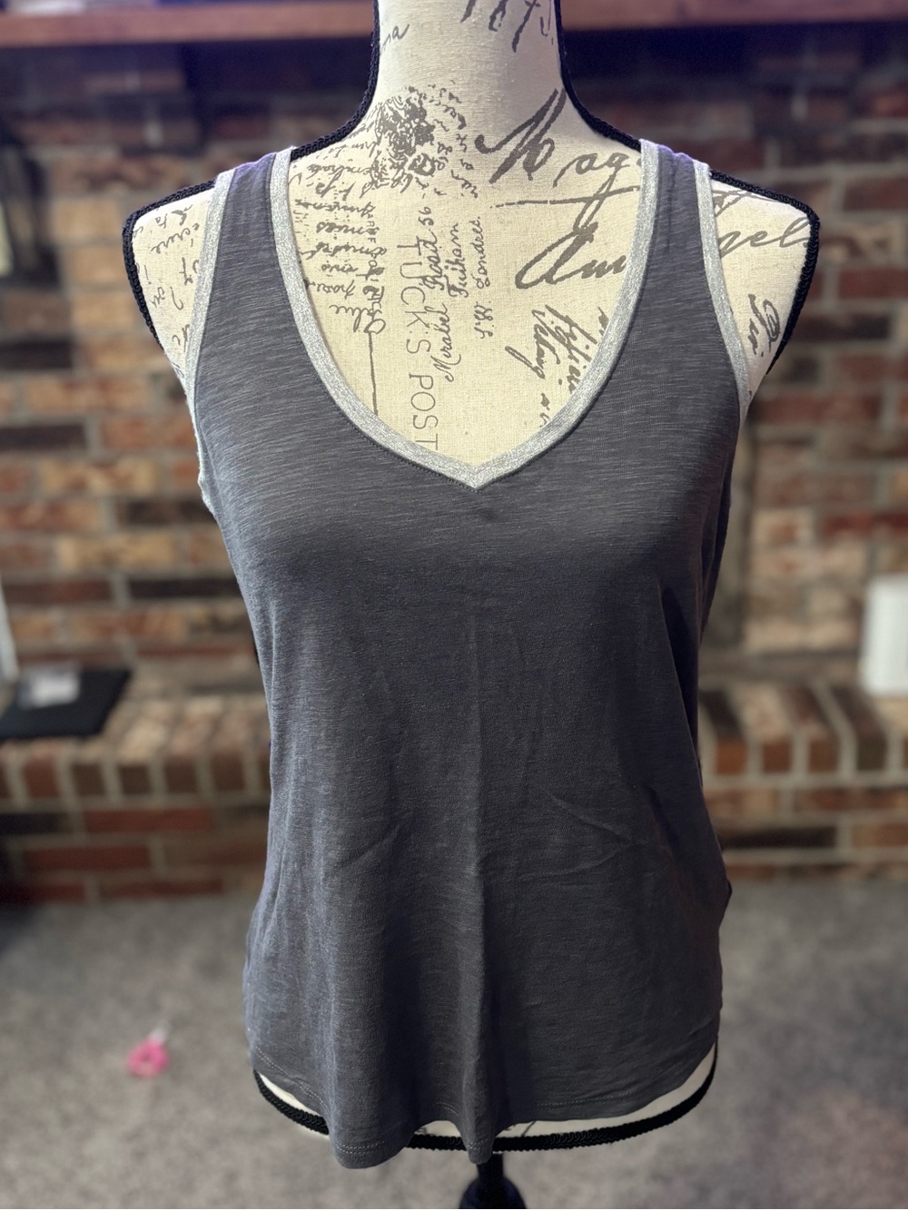 Express Charcoal Gray V-Neck Tank with Light Gray Trim